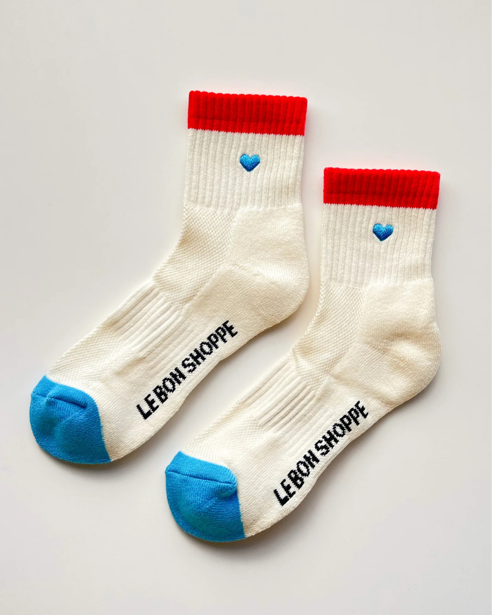 Embroidered Colour Block Girlfriend Socks - Blue Red/Heart