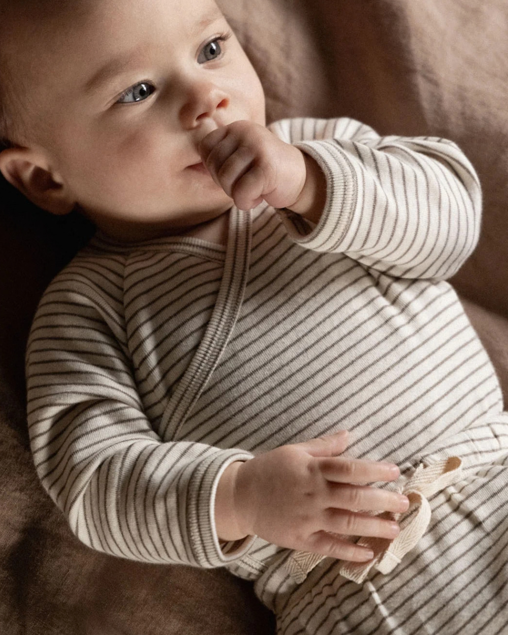 Longsleeve Kimono Bodysuit - Mushroom Pinstripe